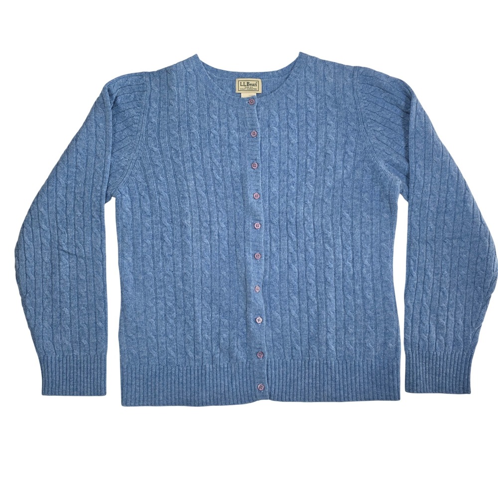LL Bean Womens M Blue Cable Knit Lambswool Blend Button Front Cardigan Sweater